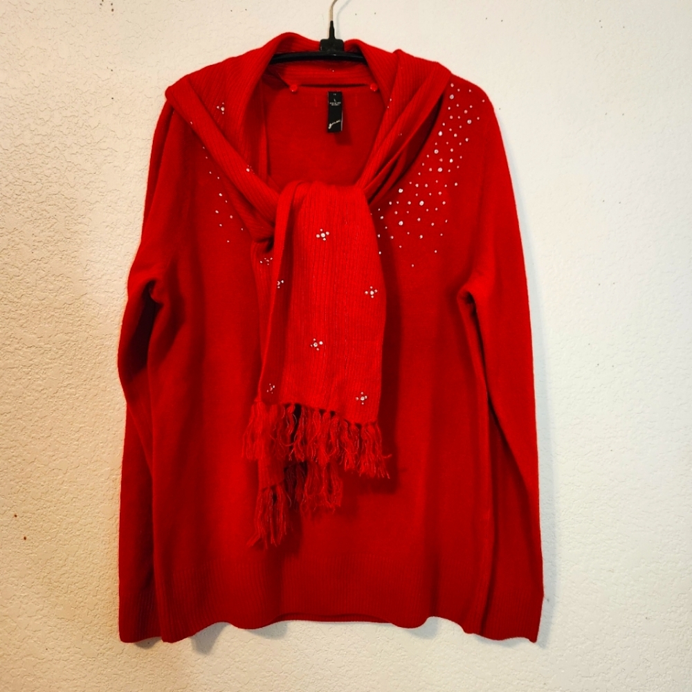 GRW Rhinestone Scoop Neck Sweater‎ with Detachable Matching Scarf, Size L